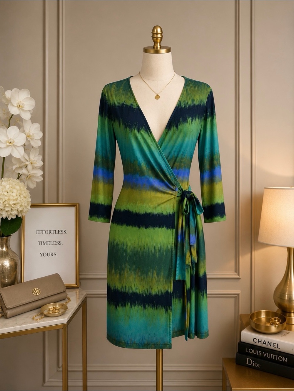 Tahari Green, Blue and Navy Tie-Waist Wrap Midi Dress